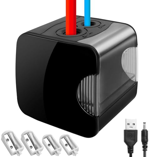 Elektrischer Anspitzer mit Behälter USB 2 Größen 6-12mm, Pencil Sharpener Batterie mit 4 Klingen, Automatischer Bleistiftanspitzer mit Zwei Löchern, Bleistiftspitzer Elektrisch Kinder