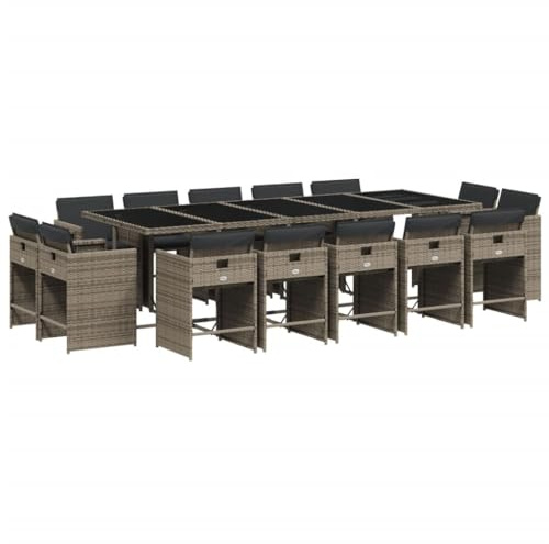 vidaXL Garten Essgruppe 15-TLG., Gartenmöbel Set Tisch mit Glasplatte 14 Stühle, Gartengarnitur mit Kissen, Sitzgruppe Terrasse, Grau Poly Rattan