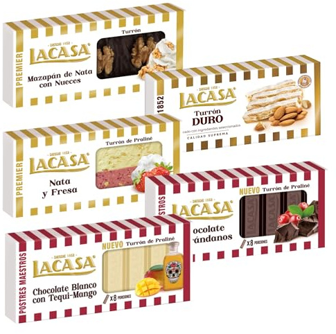 Pack Surtido 5 Turrones Lacasa:Mazapán de Nata con Nueces, Chocolate Blanco con Tequi Mango, Chocolate y Arándanos, Nata y Fresa, Duro