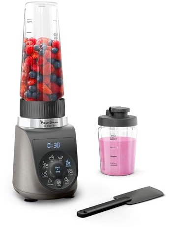 Moulinex Blend Up, Batidora personal potente 1000 W, 8 programas automáticos, pica hielo, ideal para batidos, smoothies y bebidas saludables, jarra resistente, incluye espátula, Gris, LM19JEF0