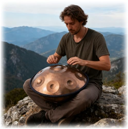 Handpan Principiante 432 Hz Re Minore, 9/10/12 Note 56cm Tamburo A Mano Per Adulti Tongue Drum In Acciaio Strumento Musicale, Con Borsa Morbida, 2 Mazze, Tripode, Panno Antipolvere(Blu,9)
