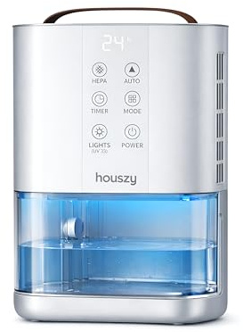 Houszy Dehumidifier for Bedroom, Semiconductor, 2.2L, Sleep Mode, Timer | 40W, humidity display, auto defrost, full tank alert. Home, laundry, and bathroom use.