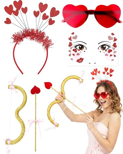 ETOFETE Amor Kostüm Damen, Amor Pfeil und Bogen, Herz Haarreif, Herzbrille, Herz Tattoo Gesicht, Amore Accessoires für Fasching Karneval Valentinstag