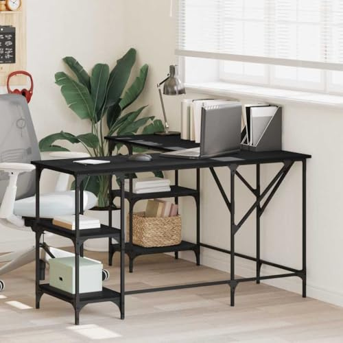 Teenpull Schreibtisch Schwarz 139x139x75 cm, L-Form Eckschreibtisch aus Holzwerkstoff mit Metallrahmen, Computer Gaming Bürotisch, verstellbare Beine, viel Stauraum