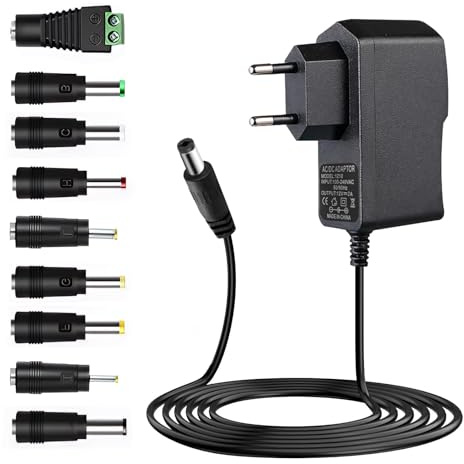 Fuente de Alimentación Universal 12V 2A, AC DC Adaptador con 9 DC Enchufe | Power Supply 100-240V 50/60Hz, Cargador DC 5.5mm X 2.1mm para Tiras LED Cámara CCTV Router WLAN Ventilador Caso Caja de TV