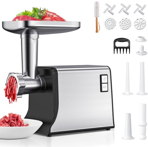 Hachoir à viande électrique, 3000W multifonction en acier inoxydable avec 3 grilles de coupe, 3 lames, kit à kubbe et 3 tubes à saucisses, machine à broyer les aliments pour un usage domestique