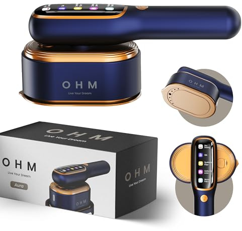 OHM Aura Portable Clothes Steamer & Handheld Travel Steam Iron (Blue) | Handheld garment steamer, 1200W hand steamer, ceramic plate, 5 fabric modes, 110ml tank, travel steamer for clothes