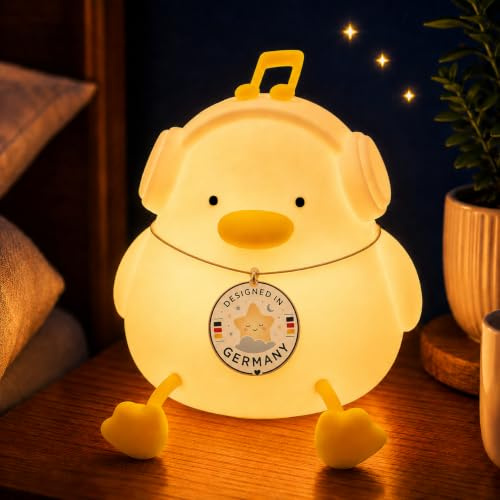 Winkee Nachtlicht Kinder Ente Jamie LED dimmbar aus Silikon BPA-frei | Wiederaufladbar, 30-Minuten-Timer und Touch Steuerung, sanftes Kinderlicht für Babyzimmer, Schlafzimmer und Stillzeit