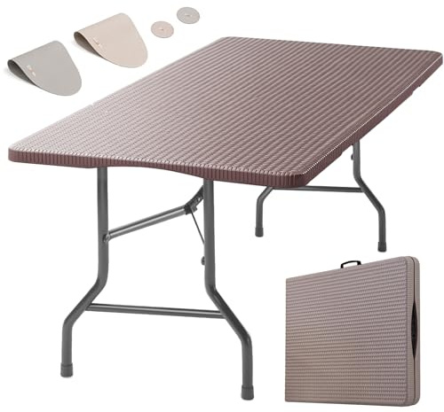 Tavolo Pieghevole 180x70cm, Tavolo da Esterno per 8 Persone, Marrone con Piano in Plastica Effetto Rattan e Struttura in Ferro, 150 kg, 3 Blocchi Sicurezza, Tavolo da Buffet per Giardino Balcone