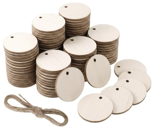 50 Pcs Round Wooden Circles for Crafts, Round Wooden Discs with Holes 1.57'' Rounds Woodens Circle with Holes Rounds Woodens Discs for Craft with Twine for Party DIY Craft Christmas Ornaments Hanging