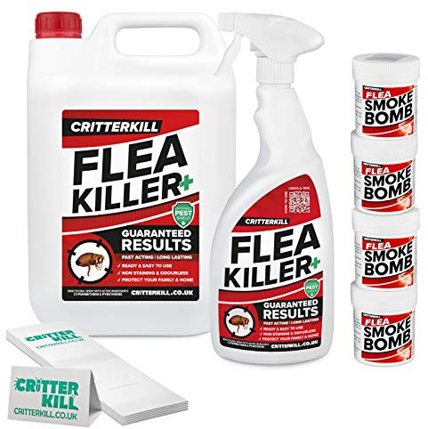CritterKill Flea Killer Kit - For Medium Level Home Infestation - Professional Flea Spray + Smoke Bombs + Insect Traps (6L / 4x16g / 6)