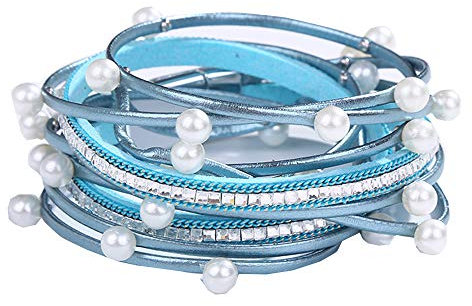 Cheerlife Mehrschichtig Leder Wickelarmband künstliche Perlen Mädchen Damen Party Kleid Zubehör Magnetverschluss Armband (Blau+Perlen)