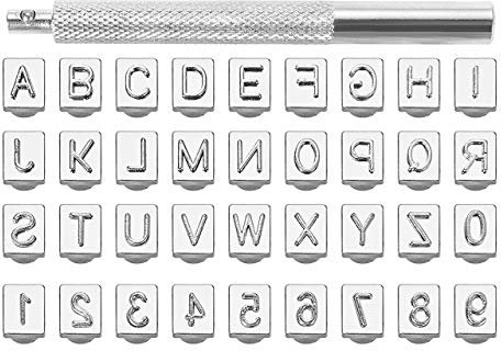 Yoption 36-teiliges Stanzset für Lederwaren, Metallbuchstaben und Zahlen, Stanzwerkzeug, 26 Buchstaben, Alphabet und 10 Zahlen, geprägtes Metall, Leder, Schuhe, Handwerk Markierung (6 mm)