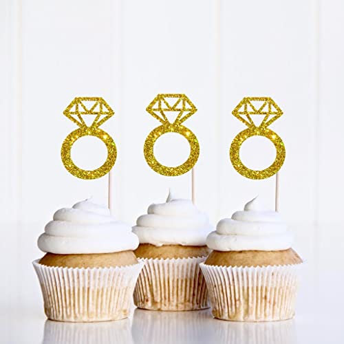 CloverCrafts 12 x Gold Glitter Engagement Ring Cake Toppers – Engagement & Hen Party Decor