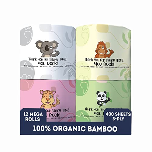 MOTHER EARTH 100% Bamboo Toilet Paper 3 Ply, Ultra Soft & Strong, 400 Sheets Per Roll, 12 Mega Rolls, Tree Free Toilet Tissue, Septic Safe for Motorhome Boat, Hypoallergenic, Plastic-Free Packaging