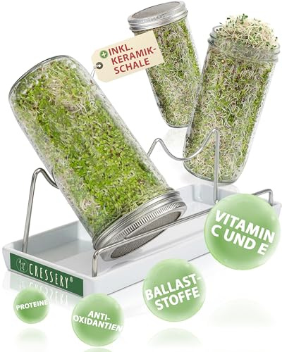 Cressery® Sprossenglas 3er Set – lineare Glasform gegen Staunässe, mit Edelstahl Deckel & Sieb (3 × 750 ml) | Sprossen Anzuchtset, Keimglas für Sprossen, Sprossenglas Keimglas Set, Sprouting Jar