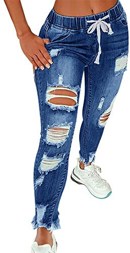 KUNMI Women High Waist Skinny Stretch Ripped Jeans Destroyed Denim Pants Plus Size Dark Blue