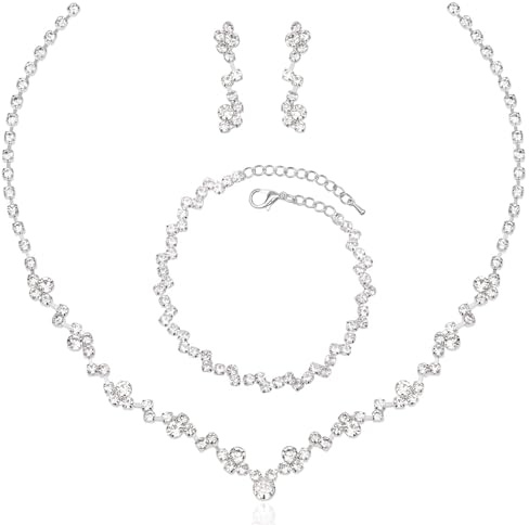 Aixiao Elegant Silver Necklace Earrings Bracelet Bridal Wedding Jewelry Sets for Brides Bridesmaid Prom Formal Costume Accessories for Women