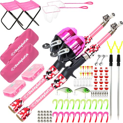DaddyGoFish Kids Fishing Pole - Rod Reel Combo Tackle Box Starter Set - First Year Small Dock Gear Kit for Boys Girls Toddler Youth Age Beginner Little Children Junior Anglers (2 Pack Pink + Pink 4ft)