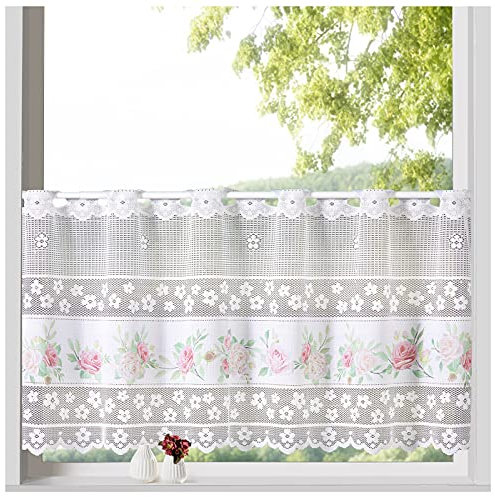 heimtexland ® Shabby Chic Scheibengardine Jacquard weiß Rosen Borte HxB 45x145 Deko Gardine Landhaus Typ763