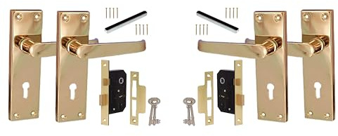 Haven Heritage ® Internal Victorian Straight Lever Lock Door Handles in Brass Plated Including Lock with Keys - Back Plate 154 x 41mm Sold in Pairs (2)