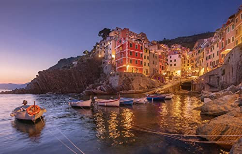 LHJOYSP Puzzle 3D Kinder 3D Puzzle 1000 Teile Stadtseesonnenunterganguferboot beleuchtet Riomaggiore, Italien 75x50cm