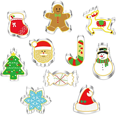iKesoce 10 Pz Formine per Biscotti Natale, Stampi per Biscotti Natalizie in Acciaio Inox Tagliabiscotti Natale con Babbo Natale, Pan di Zenzero, Fiocco di Neve, Bastoncini di Caramelle