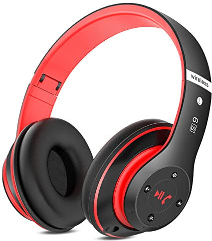 Bluetooth Headphones Over Ear, 6 EQ Modes Wireless Headphones Over Ear,65 Hours Playtime Foldable Lightweight Wireless Headphones,with Built-in HD Mic, FM, SD/TF for PC/Home（Black & Red）