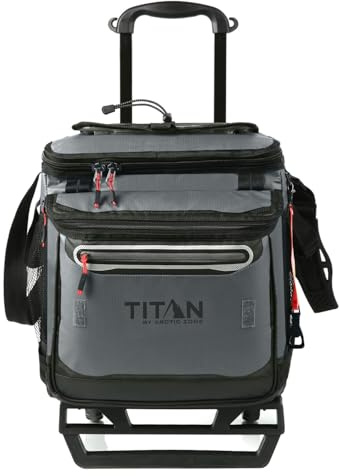 Titan by Arctic Zone Collapsible Wheeled Soft Sided Cooler with Detachable Rolling AT Cart, Insulated Bag with Leak Proof Lining, for Travel, Beach, Picnic, 60 Can Capacity, Sharkskin Grey