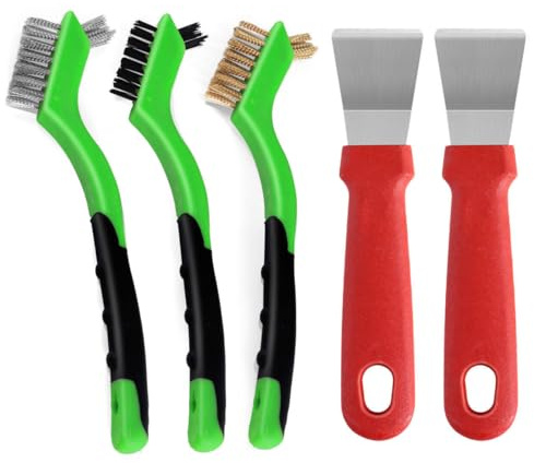 Wire Brush Set for Cleaning,5-Pack Small Brass/Stainless/Nylon Steel Scratch Brushes with Scraper for Rust,Dirt & Paint Remover,Soft Curved Handle Grip