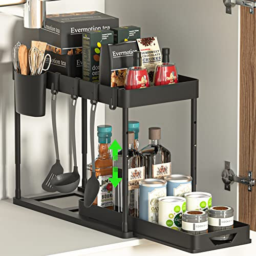 SKYSER Unter Waschbecken Regal Küche Organizer 2-stöckiger Schubladen-Organizer Anhebbares Schrank Organizer küche, mit 4 Haken, 8 rutschfeste Pads & 1 Hängebecher Organizer aufbewahrung(Schwarz)