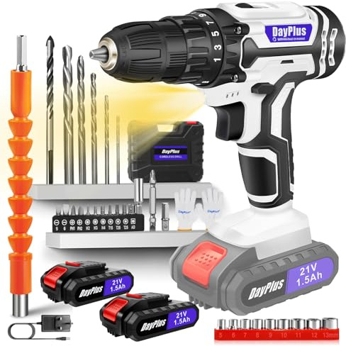 21V Cordless Li-ion Drill Driver Electric Wall Drill Tool Set DIY Home Impact Drill, 2 x 1500mAh Li-Ion Batteries, 3/8'' Chuck, 25+1 Torque, LED Light, 2 Speed, with 29pcs Accessories