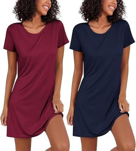 Ekouaer Chemises de Nuit Tee Shirt Femme 2pcs Robe de Nuit Manches Courtes Vêtements de Nuit Sexy Casual Col Rond, Marine + vin Rouge, L