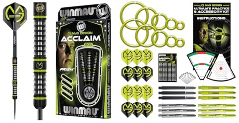 WINMAU Michael Van Gerwen MvG Acclaim 25 Gramm Wolfram Dartpfeile mit Stahlspitze Set mit Flights und Shafts & MvG Ultimatives Übungs- und Zubehör-Set