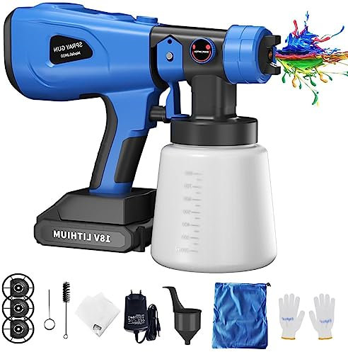 HLGKBY Cordless Spray Gun Paint Sprayer with Battery, 4 Nozzles and 1000ml Detachable Container, 3 Patterns HVLP Sprayer, Charger for Furniture, Walls and Ceiling, Fencing and Decking