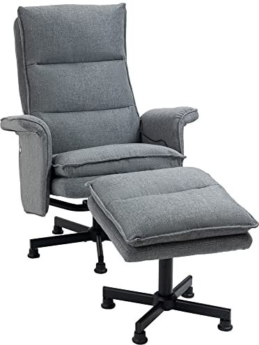 HOMCOM Massagesessel mit Fußhocker, Liegesessel, Elektrischer Fernsehsessel mit Massagefunktion, Fernbedienung, Drehbarer Relaxsessel mit Leinenoptik, Stahl, Grau