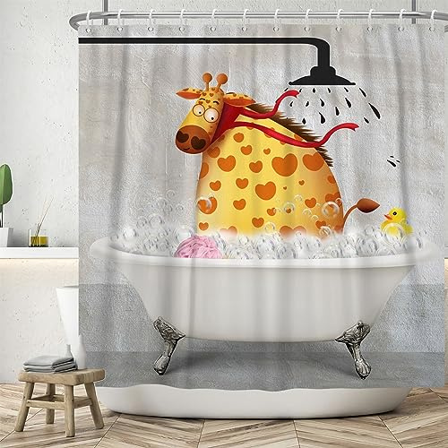 ASDCXZ Lustig Duschvorhang 180x200 cm, Vintage Hintergrund Lustig Giraffe Baden Ente Kinder Bad Waschbar Duschvorhänge Polyester Textil Wasserdicht Badevorhang für Badewanne mit 12 Haken