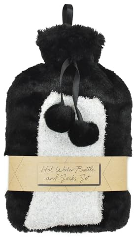 A2Z Hot Water Bottle 1.5 Litre Capacity Plush Black Faux Fur Fleece Cover and Cosy Socks Gift Set Leak Proof Hot Water Bag for Pain Relief Cosy Nights & Relaxation