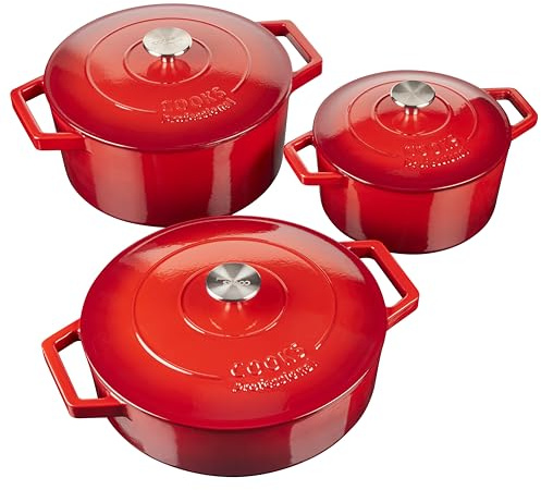 Cooks Professional Set of 3 Cast Iron Casserole Dishes with Lid & Handles | 20, 26 & 28cm | Colourful Enamelled Cooking Pans Pots | Suitable For All Hobs Inc Induction | Oven & Grill Safe | Red
