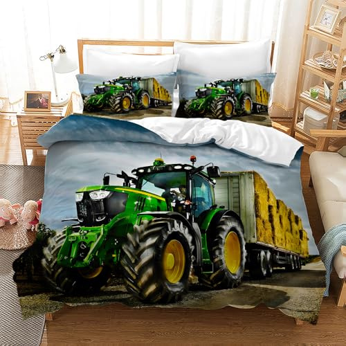 Leleyouzer 3D Traktor kinderbettwäsche,Weiche Mikrofaser Traktor-Bettbezug mit 2 Kissenbezug 50 x 75 cm (Tractor 2, 135×200 cm)