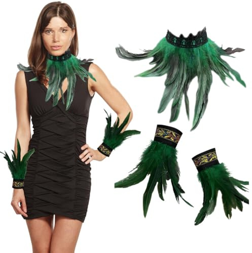 3er Set Gothic Feder Achselzucken mit Feder Manschetten, Federkragen Rabe Hexe Priesterin Kostüm Hahnfeder Armbänder Federumhang Federrock Kostüm Choker Kragen für Halloween Karneval Maskerade Cosplay