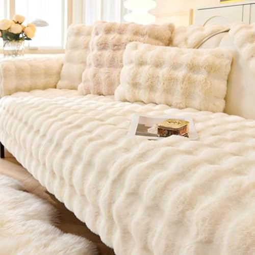 Hovoto Sofa Überzug, Kaninchen Plüsch Sofabezug L Form 1 2 3 4 Sitzer Sofa Überzug Ecksofa, Universelle rutschfeste Sofaschoner, Weiche Dicke Plüschsofa Kissenbezüge, milchig weiß, 90 * 160cm