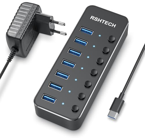 RSHTECH 7 PortUSB Hub Aktiv 3.0 mit 5V/2A Netzteil (10W), RSH-518C | USB 3.0 Verteiler Datenhub Aktiver - für Datenübertragung - mit 1m USB C Kabel und Netzteil - Aluminium