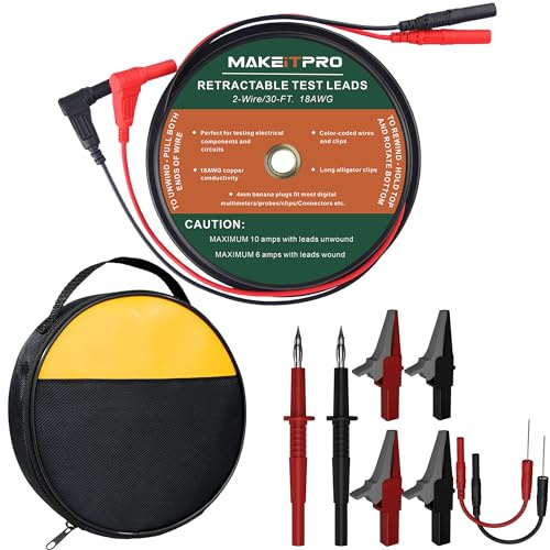 MAKEITPRO Retractable Test Leads 2 Wires 30FT 18AWG 10 in 1 Kit with Cable Bag and Multimeter Probe Alligator Clips Test Probe for Circuit Connection Electrical Testing and Troubleshooting, RTL-A2-03