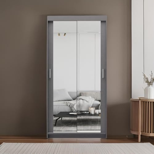 Eluks Sky 100cm Double Mirror Sliding Door Wardrobe Optional Drawers 2 Hanging Rail White/Black/Sonoma/Grey (Grey/No drawers)