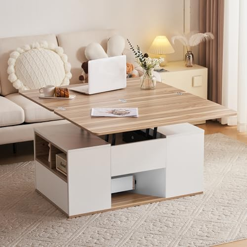 Hebbarer Multifunktions-Couchtisch - Tischplatte öffnet Sich zu 2 Tischen, Zwei Schubladen, Weiß + Originalholzfarbe, große Kapazität, Büro-Esstisch Freizeittisch Multifunktionstisch