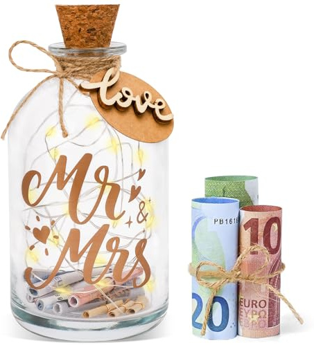 Hochzeitsgeschenke Geld Leuchtflasche für Brautpaar und Frisch Verliebte, LED Flaschenlicht Hochzeit Mr. & Mrs. Personalisiert Geldgeschenke Hochzeit Hochzeitskasse Spardose
