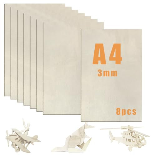 NVGVUP Sperrholzplatte Pappel 3 mm, 8 Stück A4 Holzplatten zum Basteln, Spanplatte Sperrholz 30 x 20 cm, Plywood für Laserprojekte, Modellbau, Bastelarbeiten, Kunst Gemälde, Deko
