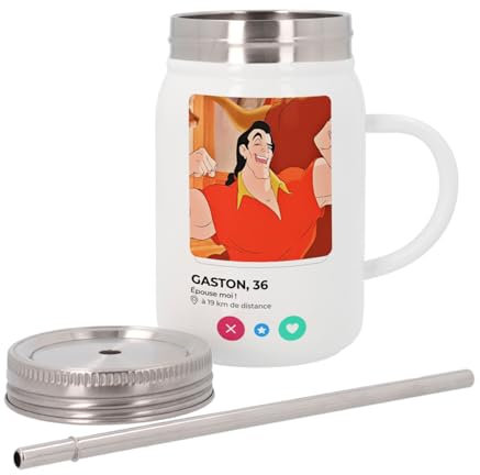 Mug Isotherme en Inox avec Couvercle et Paille - Gaston La Belle et la Bete Réseau Social Rencontre Parodie - 500 ml - Tasse Thermo