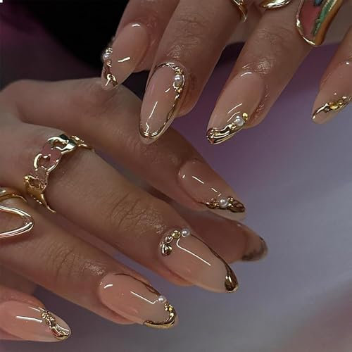 GlamRays Lot de 24 faux ongles à presser en forme d'amande moyenne avec perles - Design bijoux dorés - Ligne française - Ongles adhésifs brillants